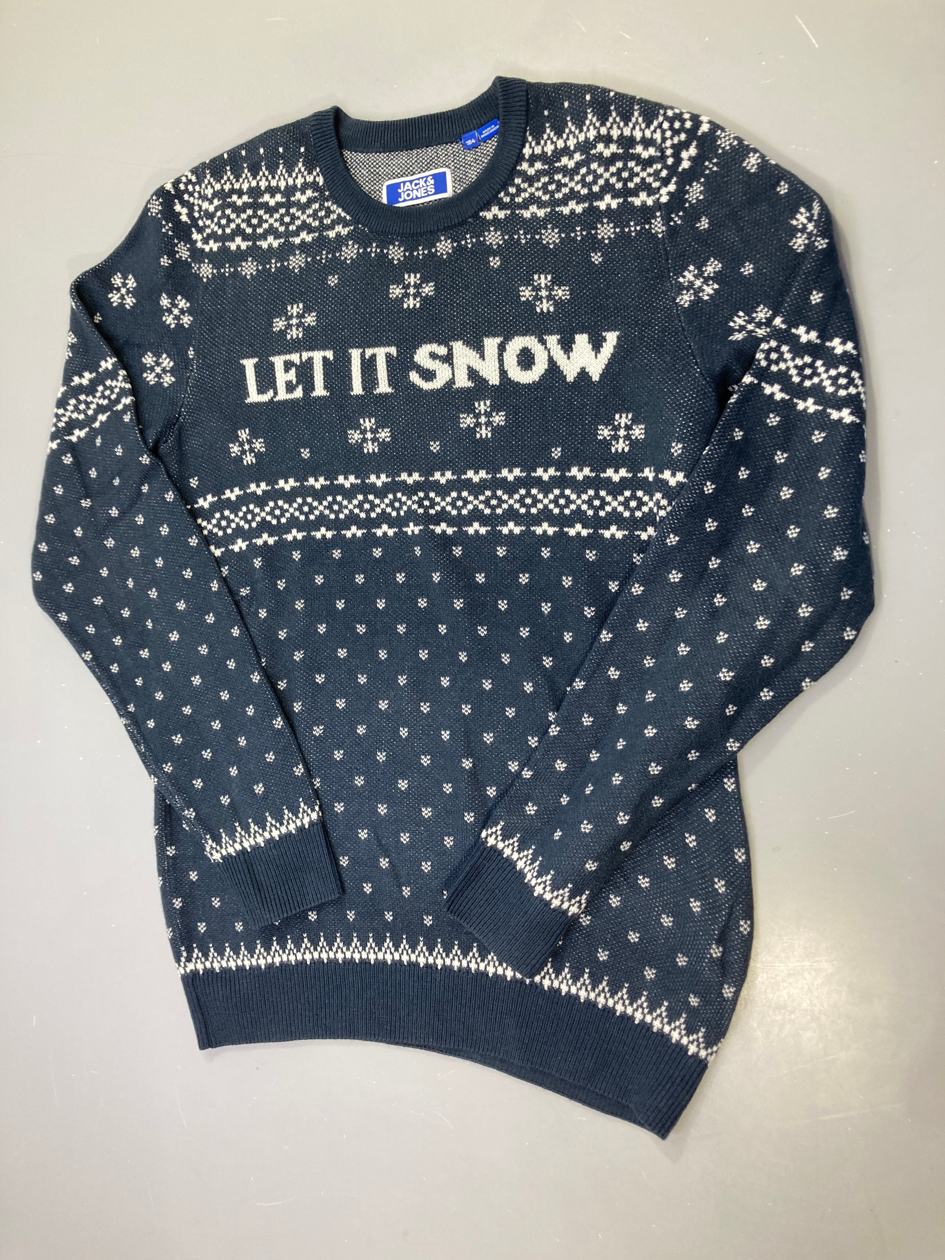 Pull bleu marine jacquard Noël Let It Snow, flocons blancs
