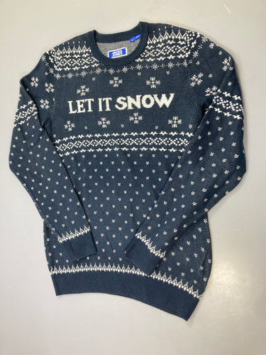 Pull bleu marine jacquard Noël Let It Snow, flocons blancs, moins cher chez Petit Kiwi