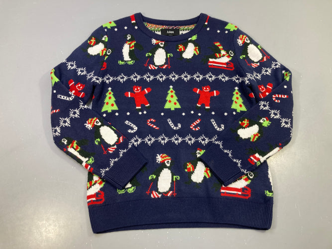 Pull bleu marine jacquard Noël, pingouins sapins bonhommes, Jules, moins cher chez Petit Kiwi