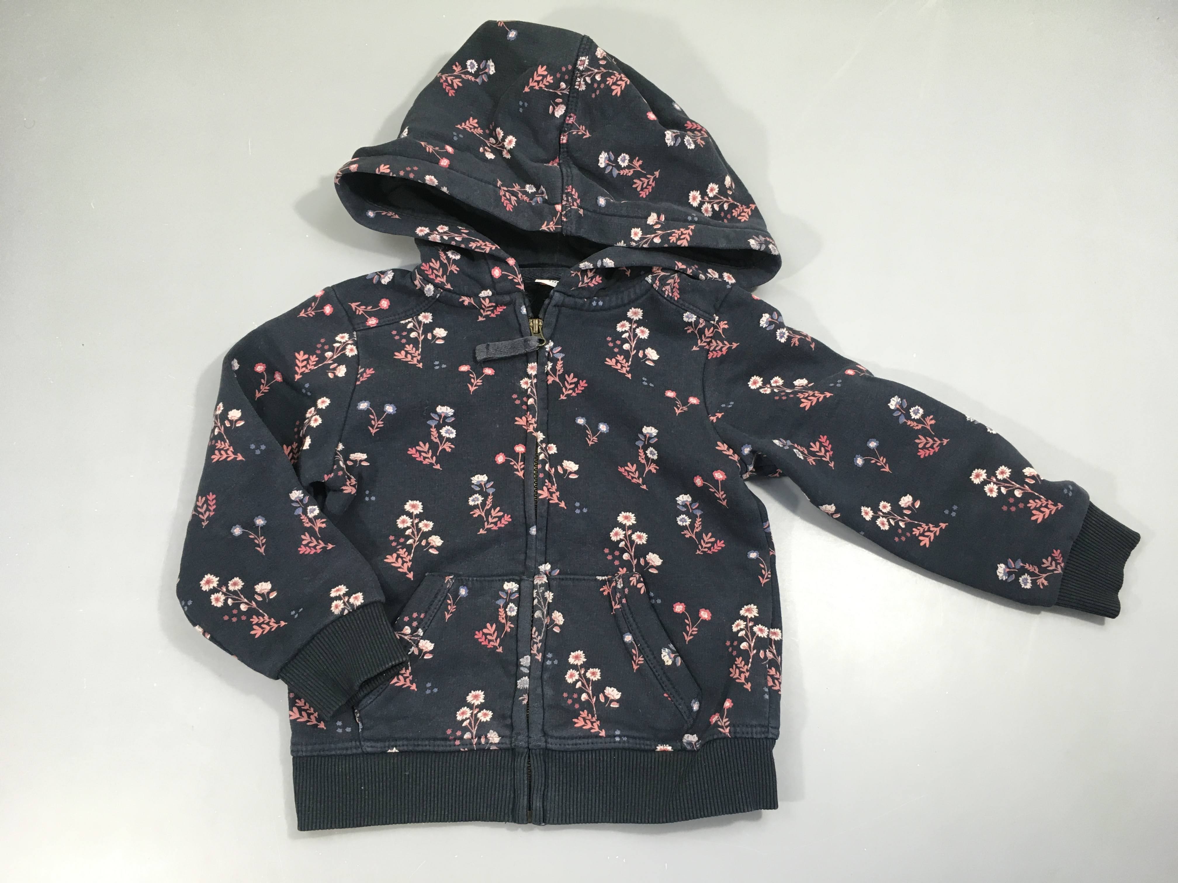 Sweat à capuche zippé bleu foncé , fleurs roses