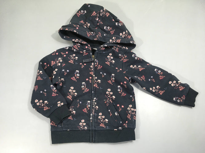 Sweat à capuche zippé bleu foncé , fleurs roses, moins cher chez Petit Kiwi