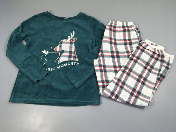 Pyjama 2pcs velours vert rennes, bas flanelle carreaux, moins cher chez Petit Kiwi