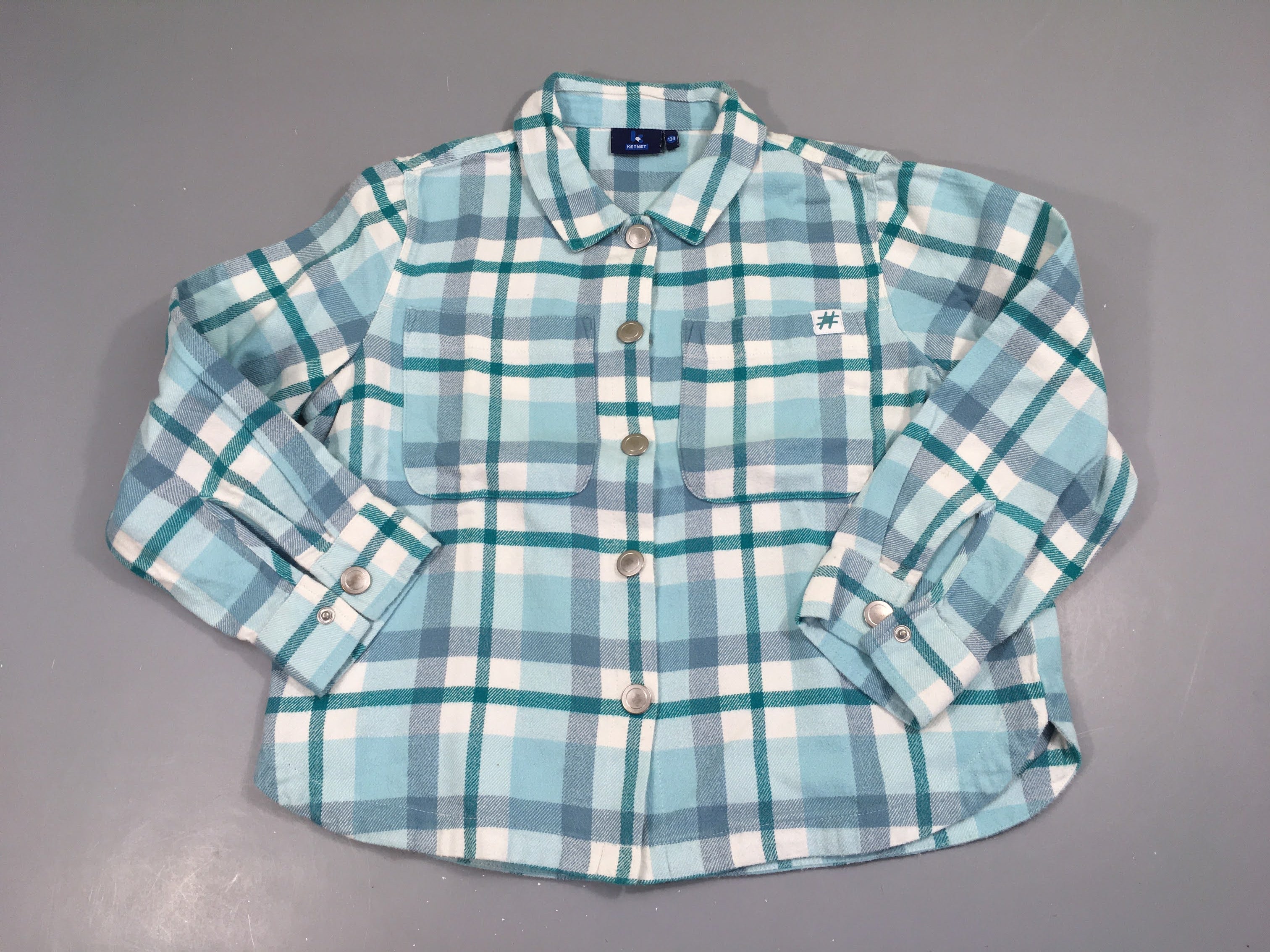 Surchemise m.l flanelle carreaux bleu clair/blanc/turquoise, légèrement bouloché