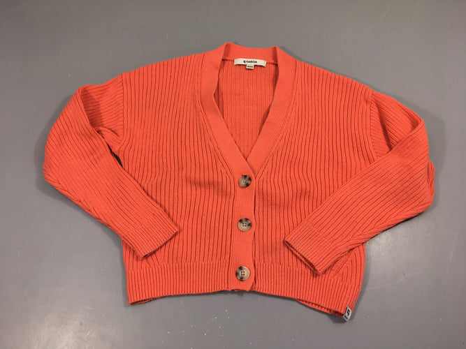 Gilet orange côtelé, légèrement bouloché, moins cher chez Petit Kiwi