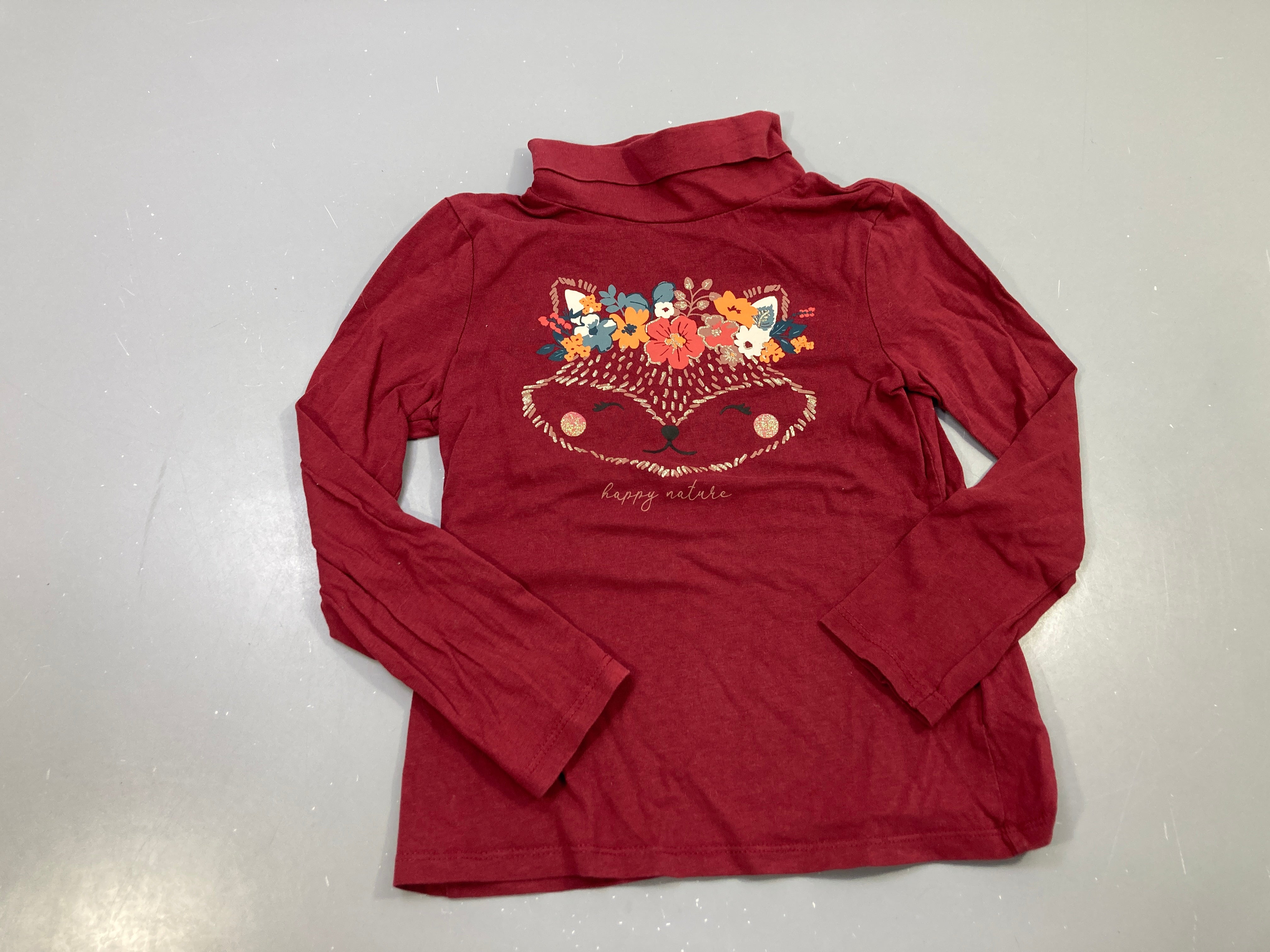 T-shirt m.l col roulé bordeau animal fleuri
