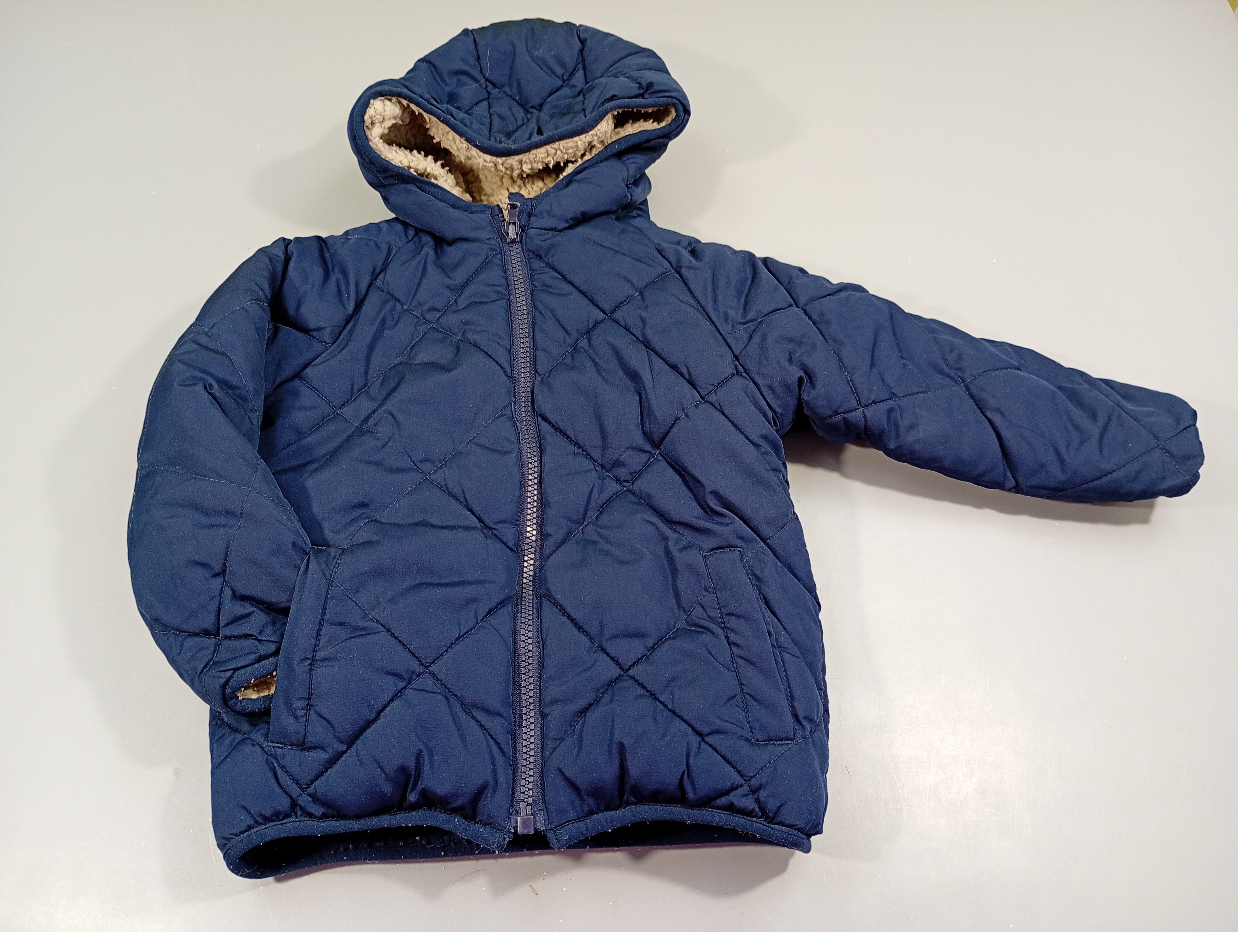 Veste zippée à capuche  matelassée bleu marine/ moutonnée bleu marine,  beige