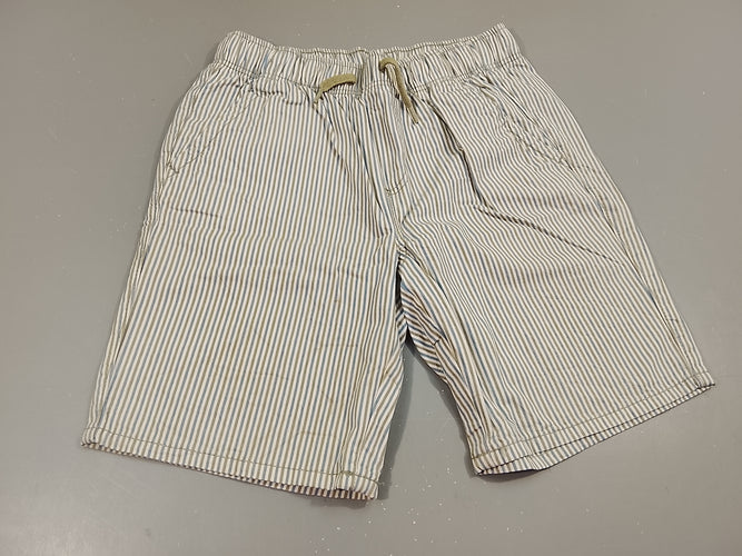 Bermuda rayé blanc, bleu, gris taille élastique. Taches en bas à droite, à relaver, moins cher chez Petit Kiwi