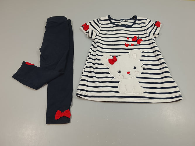 Ensemble robe m.c blanche et bleu marine motif chatton texturé ( très légèrement boulochée)+  legging bleu marine noeuds rouges, moins cher chez Petit Kiwi