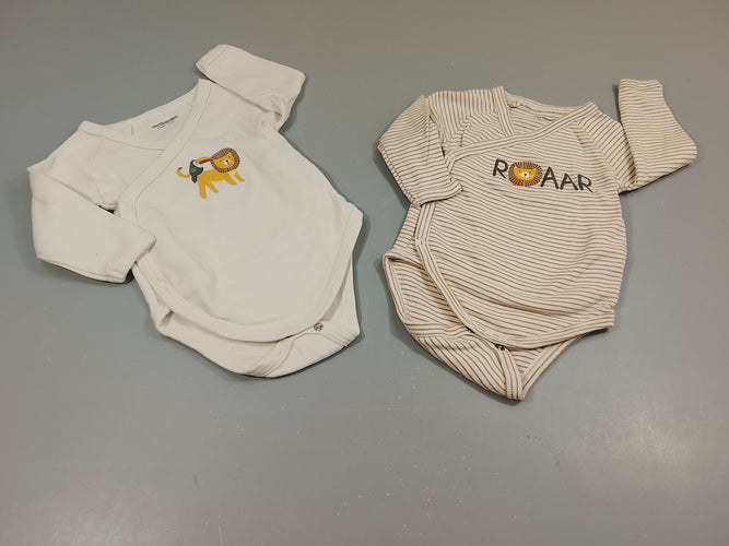 Ensemble de 2 bodies ml , 1 écru rayé brun "Roaar", 1blanc lion et pélican, moins cher chez Petit Kiwi