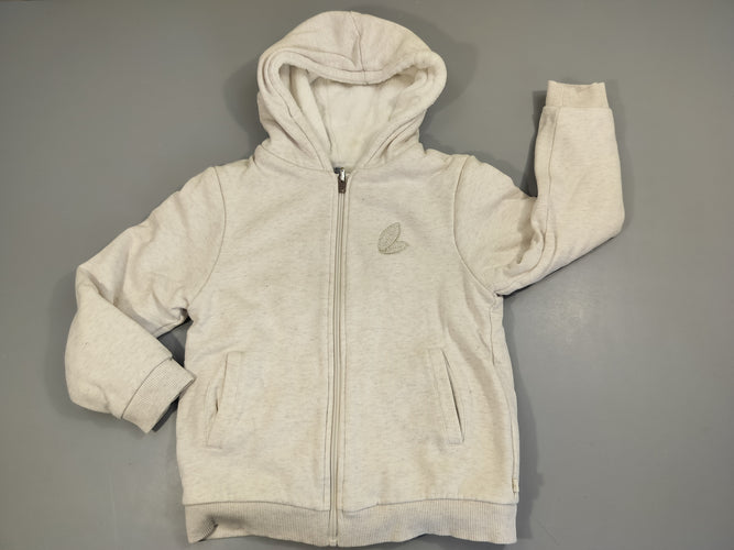Gilet à capuche beige pâle flammé , intérieur doux et chaud , très légèrement bouloché.  Taille non indiquée, estimée 8 ans, moins cher chez Petit Kiwi