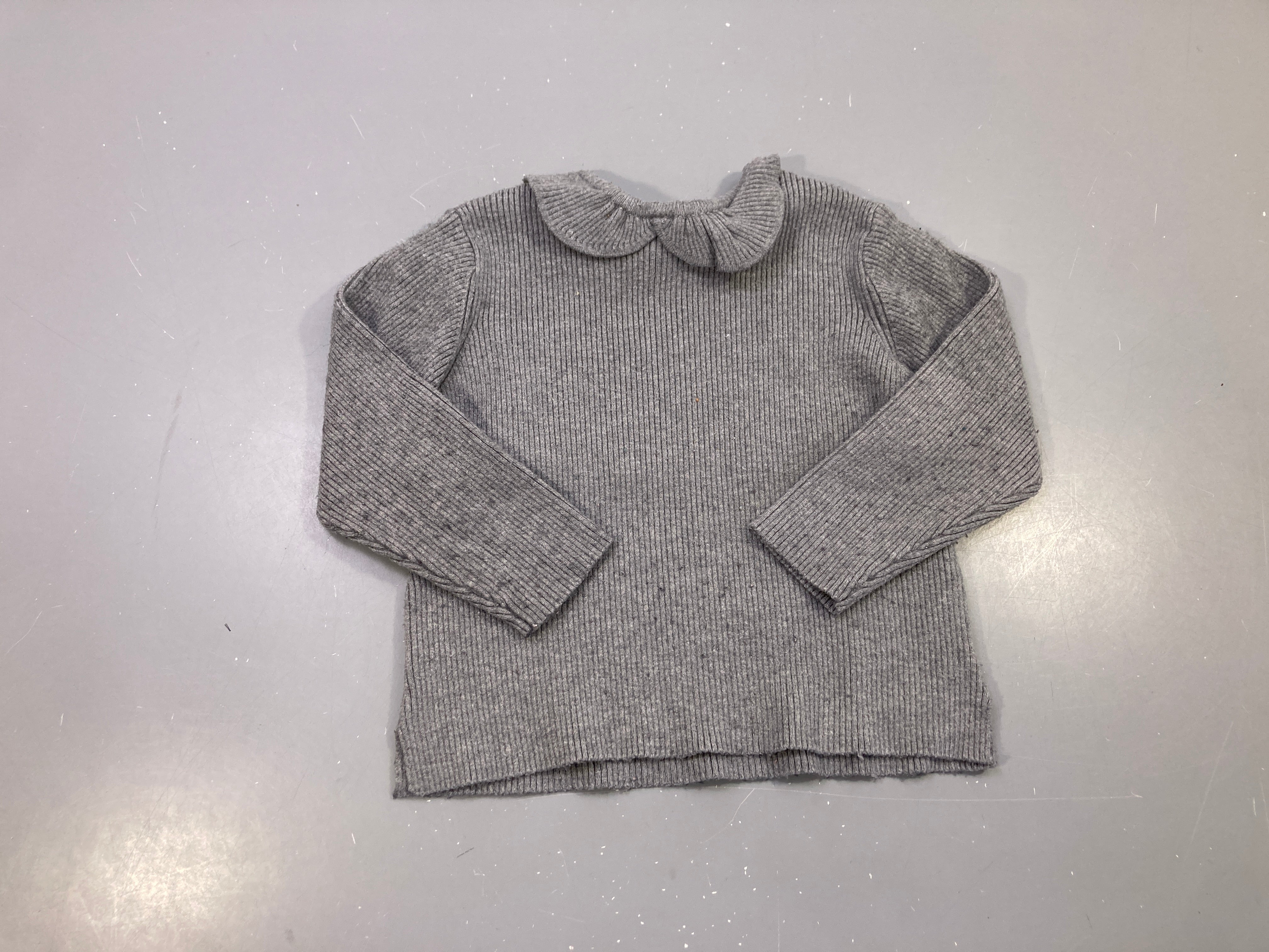 Pull gris côtelé col, bouloché