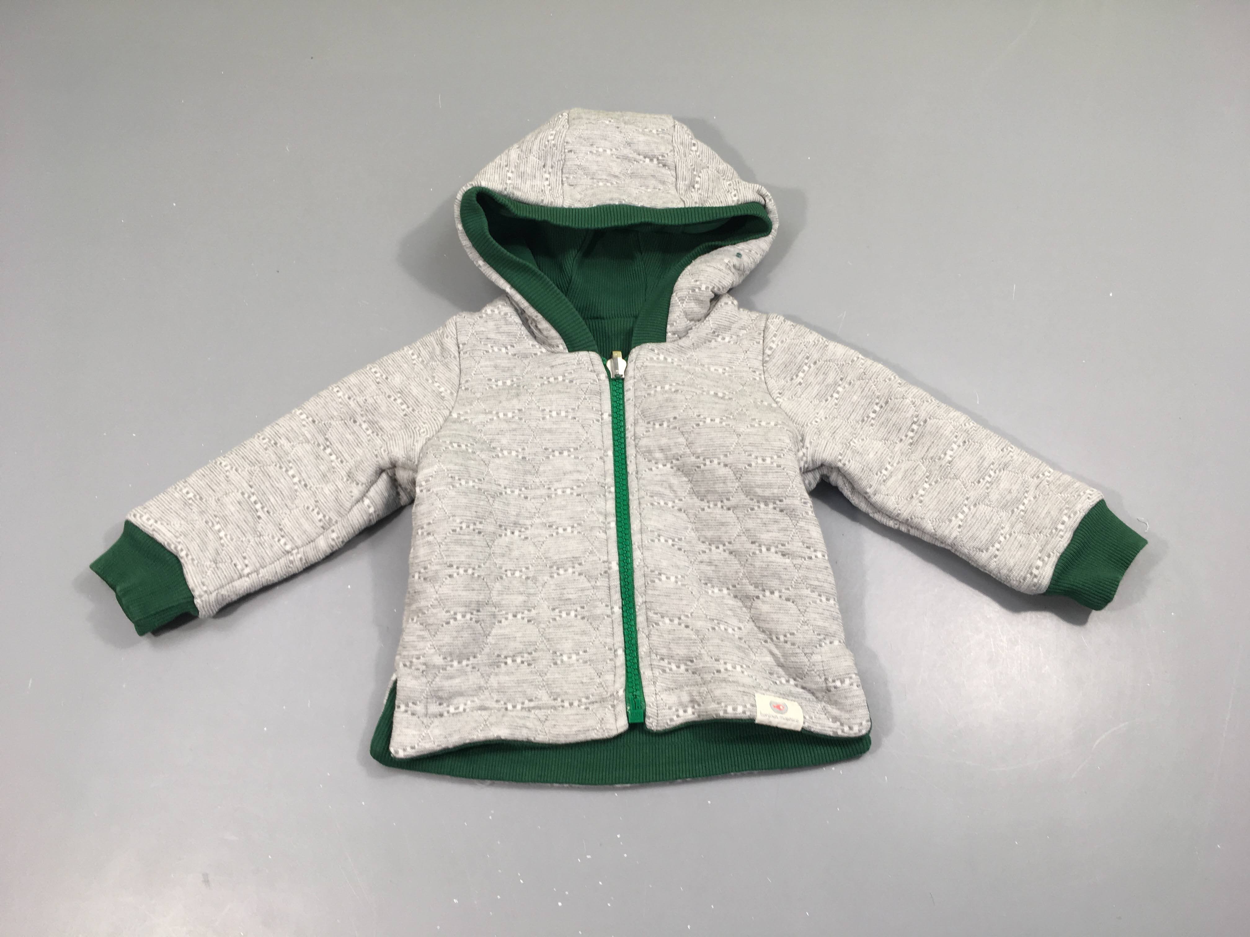 Etat neuf Sweat zippé réversible gris texturé/vert côtelé à capuche Bonjour Maurice