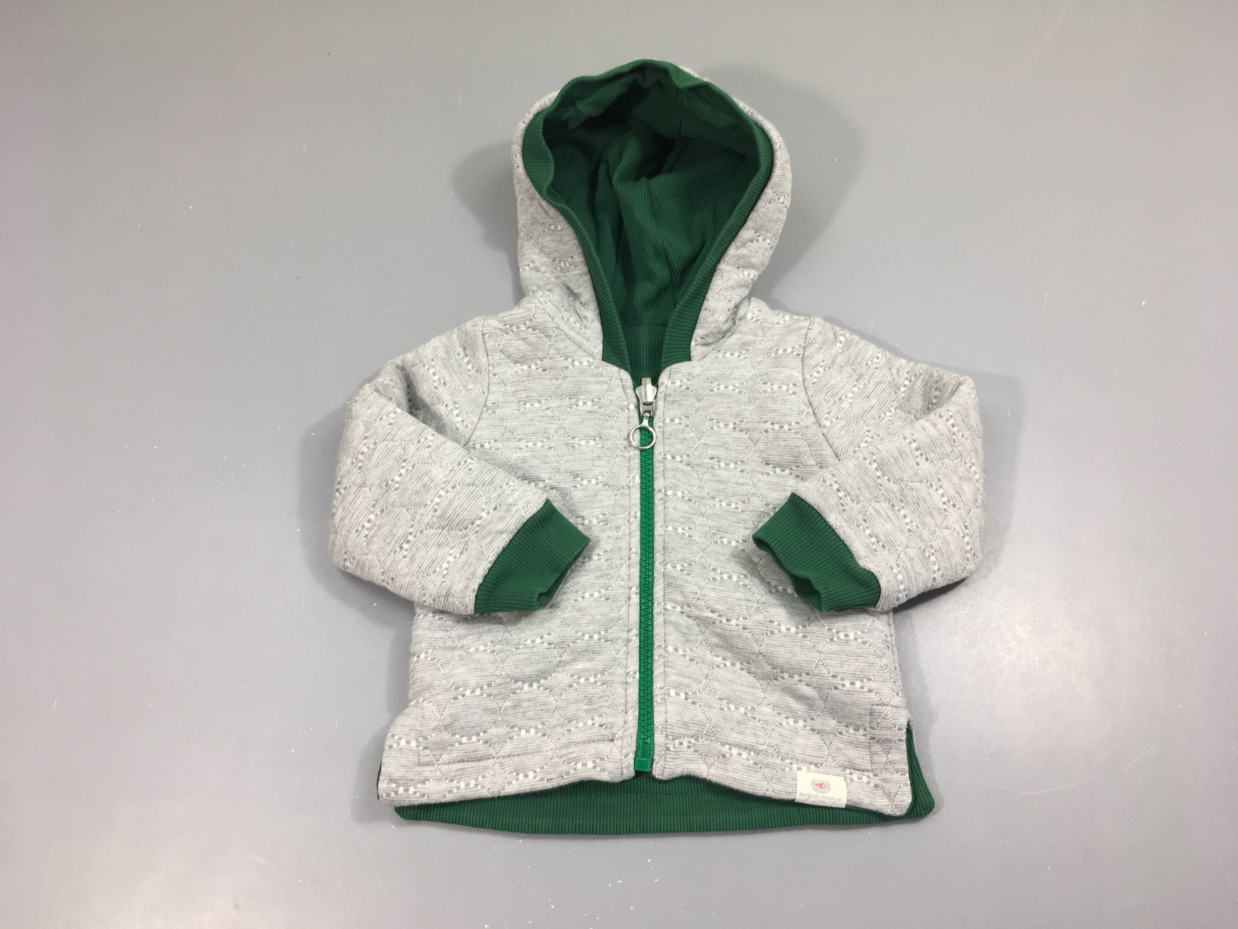 Etat neuf Sweat zippé réversible gris texturé/vert côtelé à capuche Bonjour Maurice