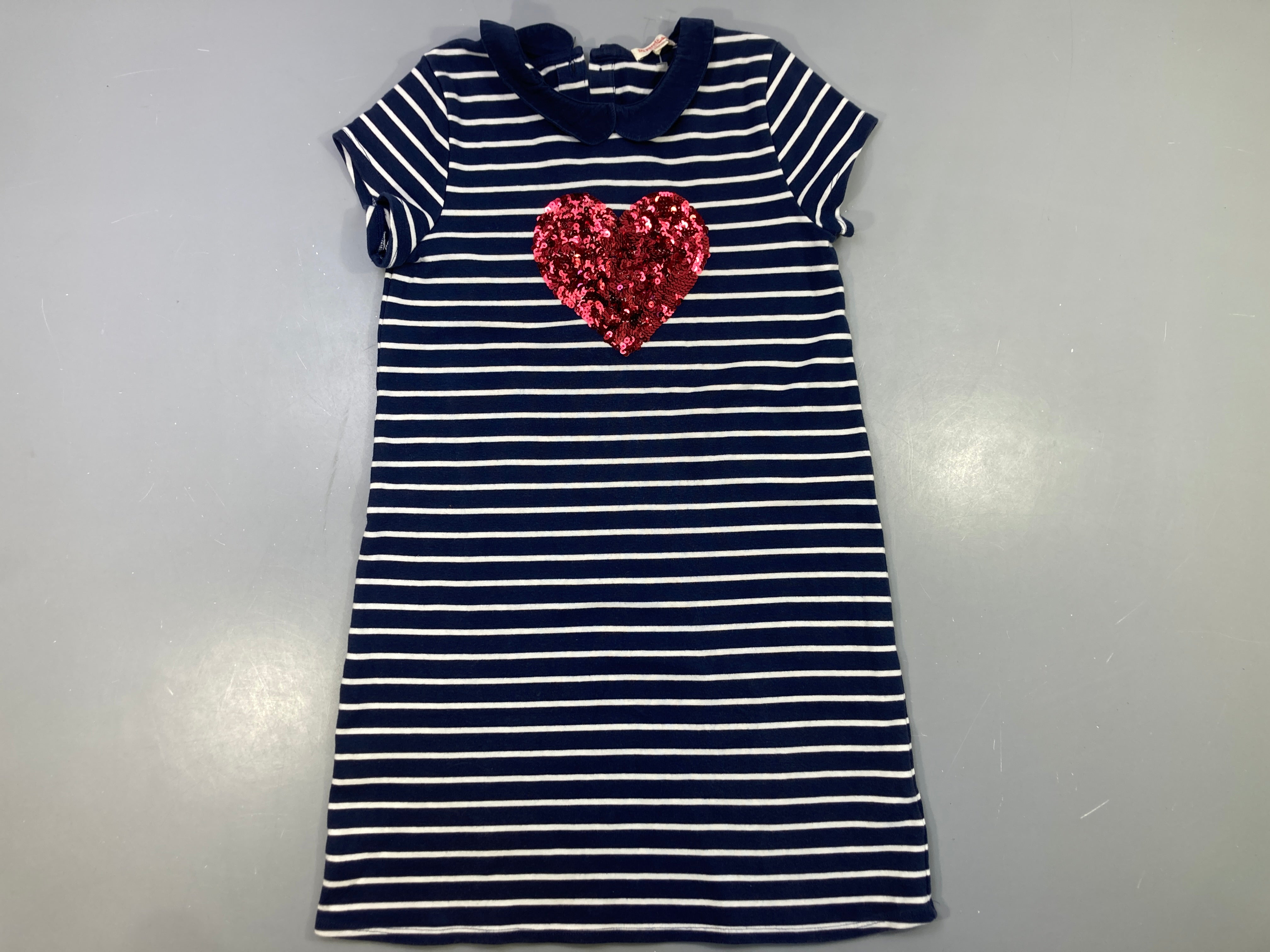 Robe m.c bleue rayé blanc coeur sequins