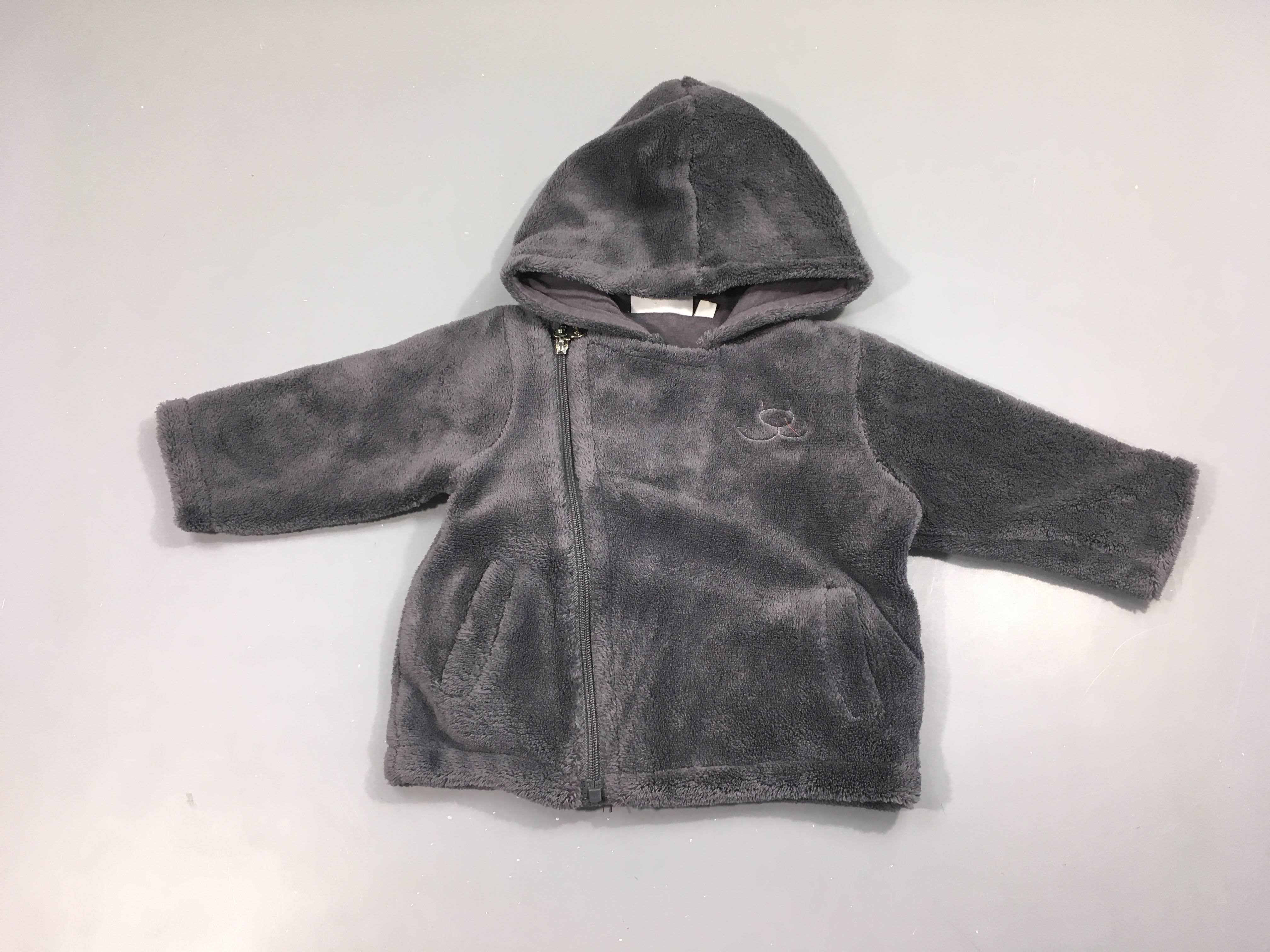 Gilet veloudoux zippé gris foncé à capuche
