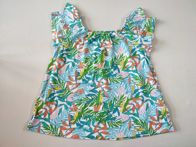 T-shirt m.c blanc motif feuillage col élastique manches volans (légèrement bouloché), moins cher chez Petit Kiwi