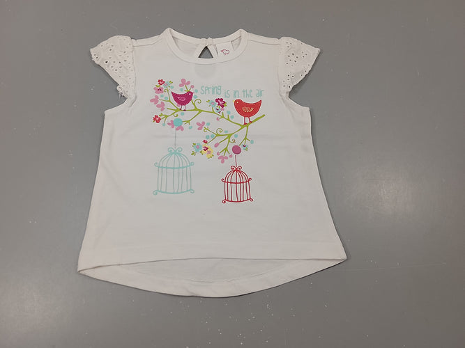 T-shirt m.c blanc,  oiseaux sur une branche et cages suspendues, moins cher chez Petit Kiwi