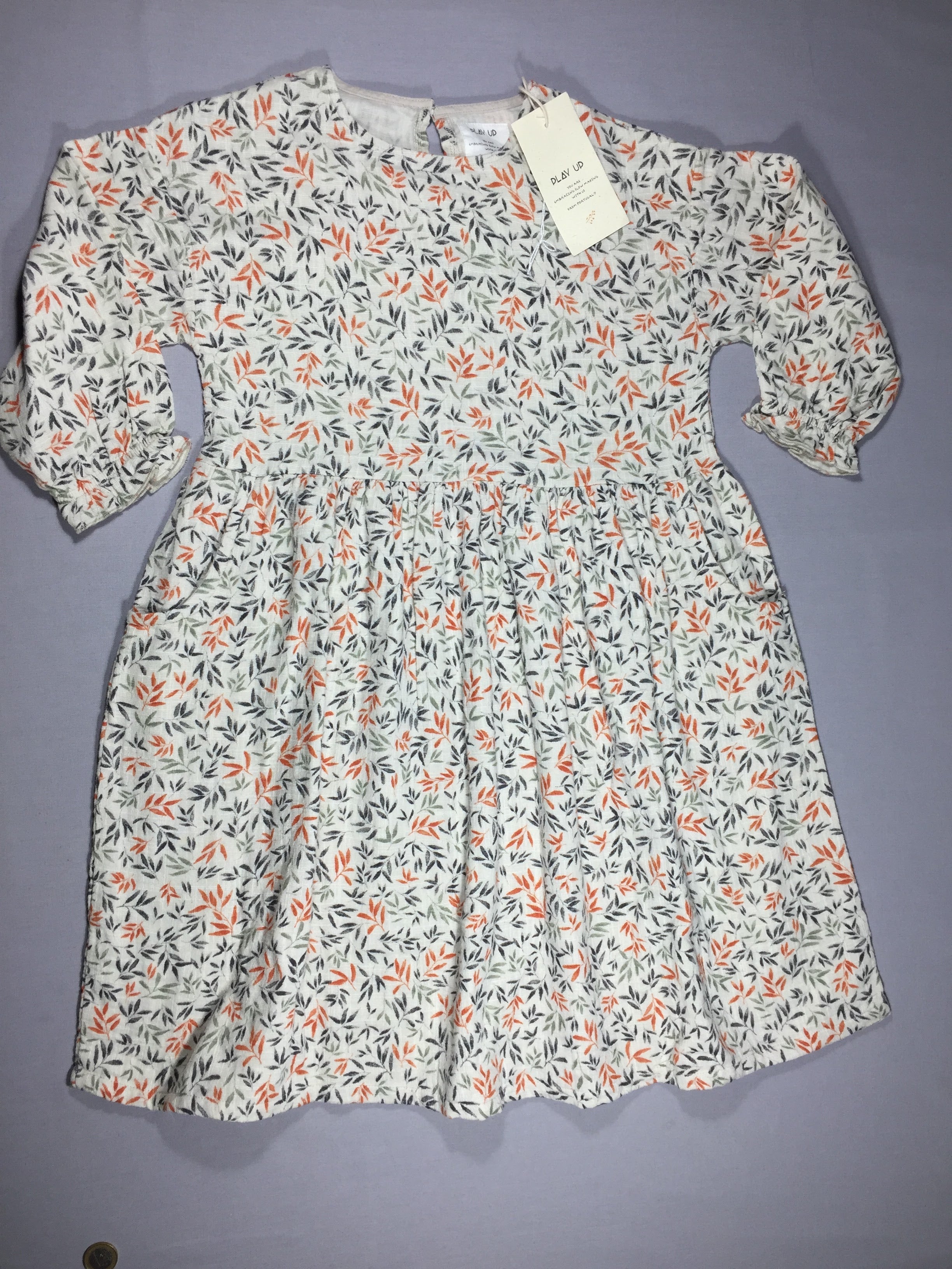 Neuve - Play Up - Robe ml voile de coton doublée - beige feuillage gris et orange