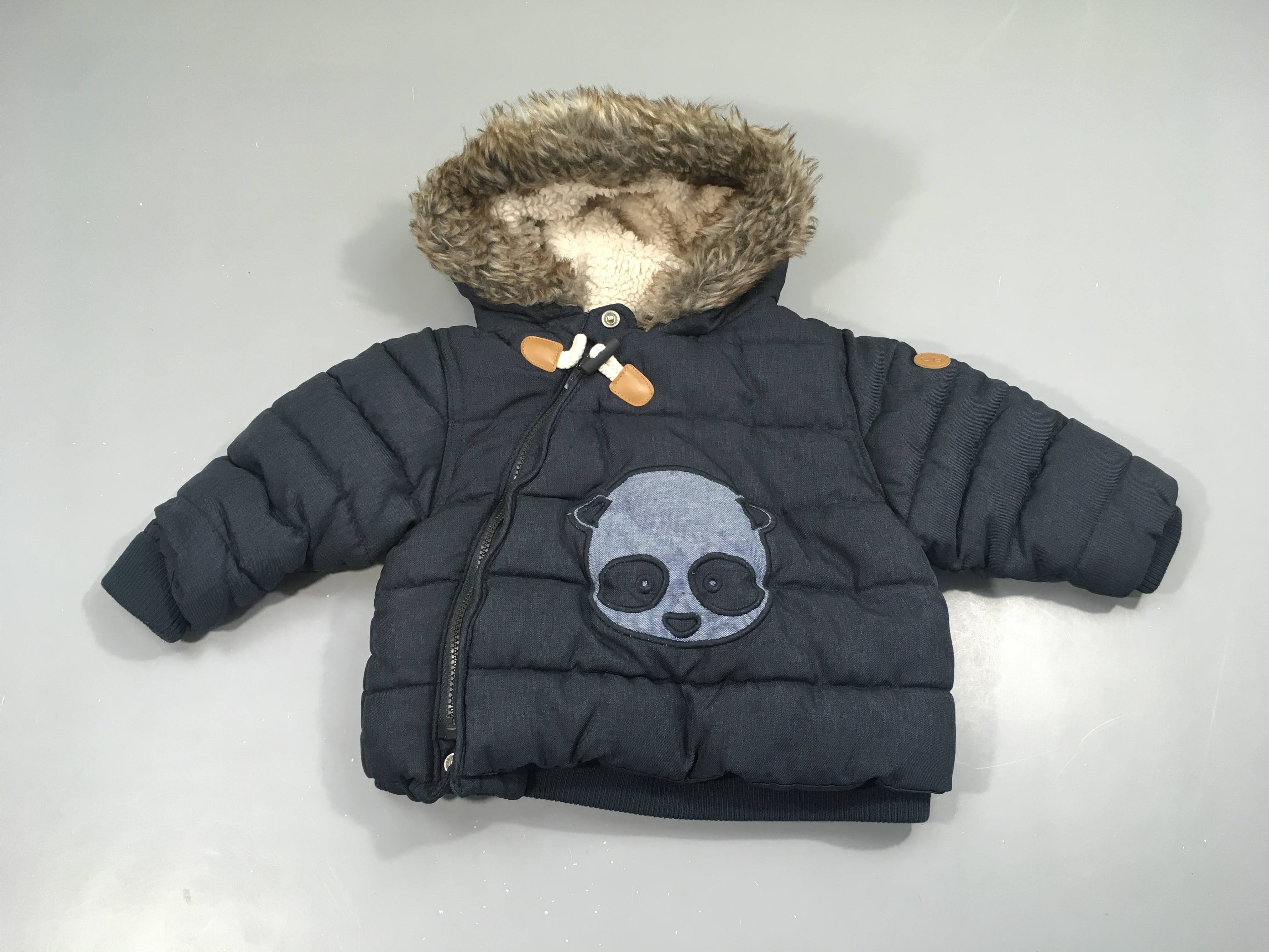 Doudoune zippée bleu foncé panda à capuche fausse fourrure, doublé polar