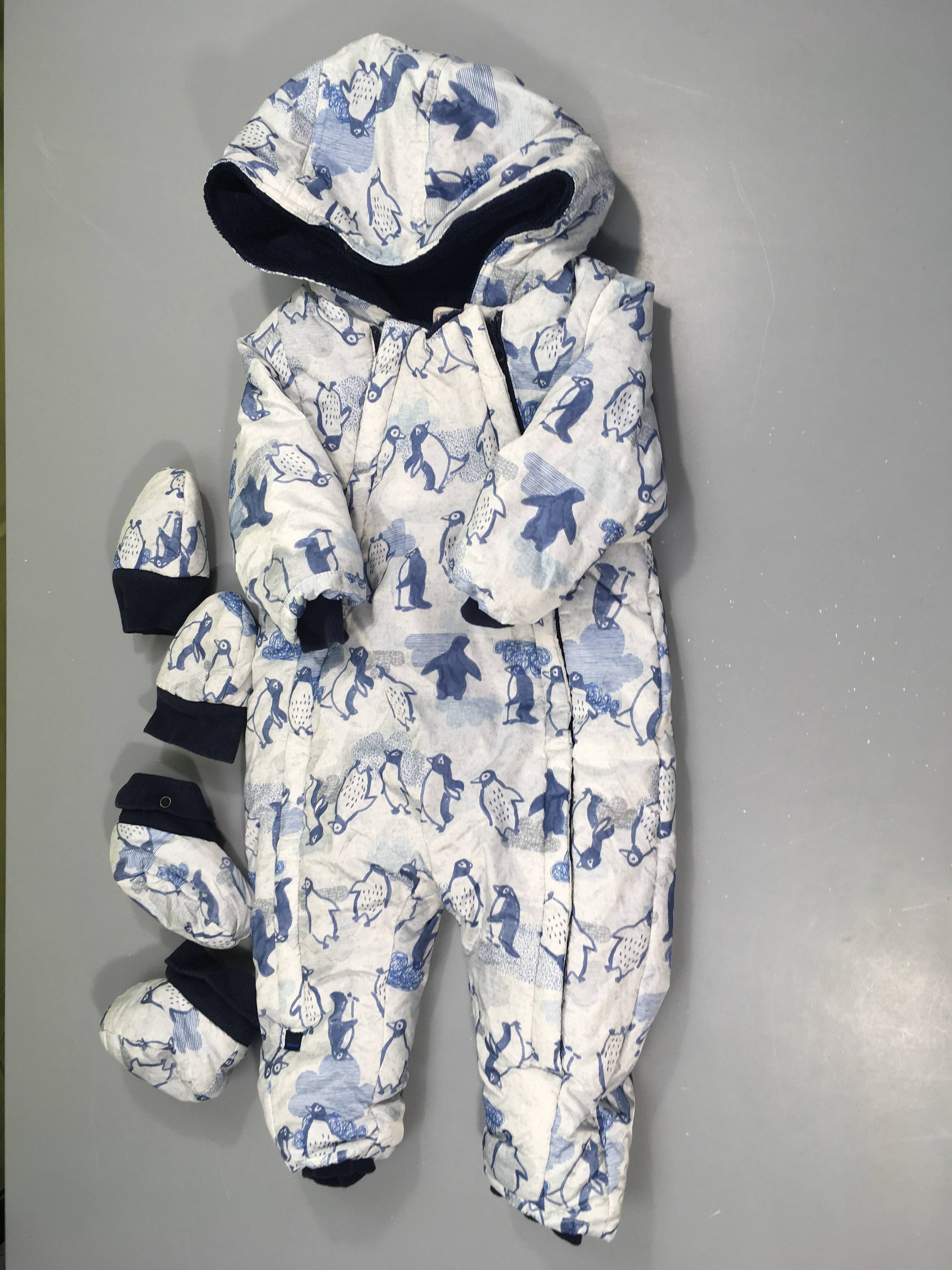 Combi pilote gris clair pingouins à capuche doublé velours, mains et pieds amovibles