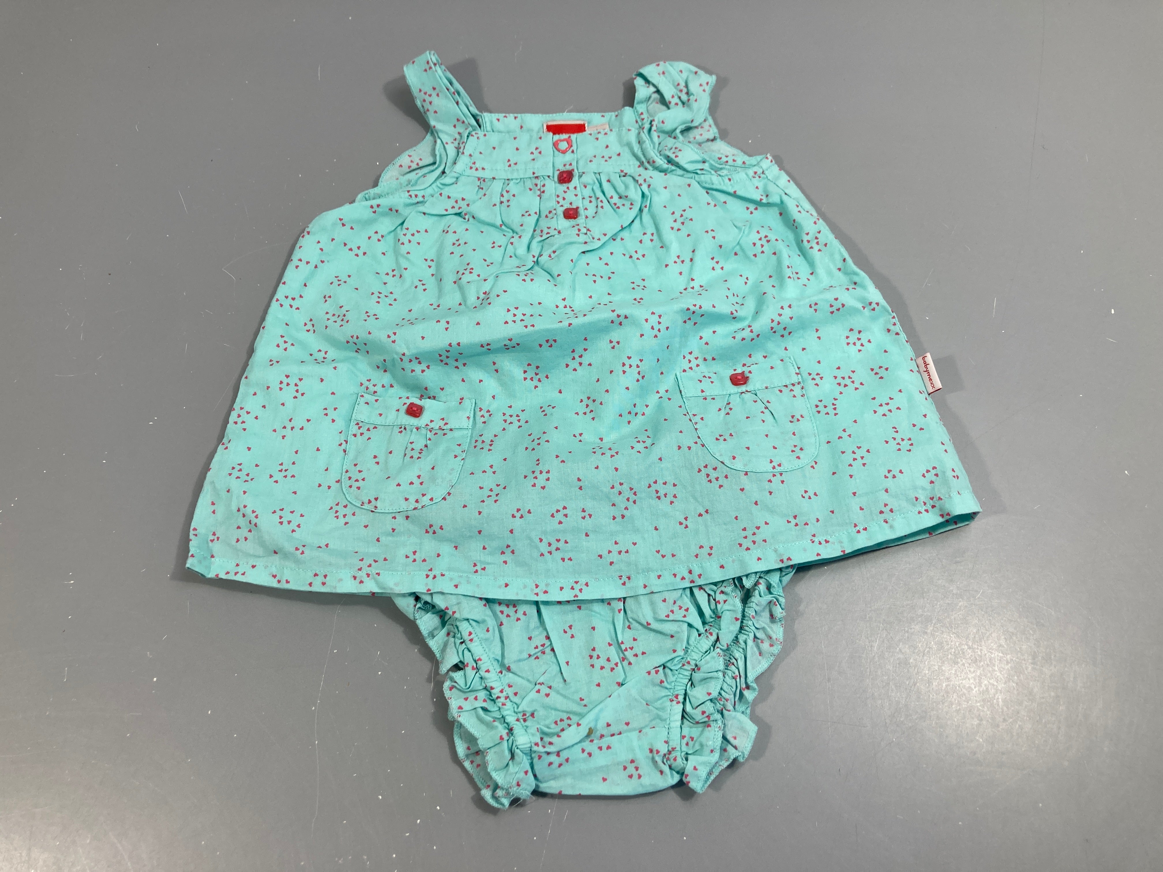 Ensemble blouse fines bretelles+ bloomer turquoise coeur roses