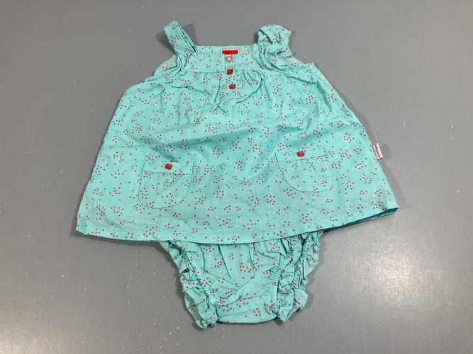 Ensemble blouse fines bretelles+ bloomer turquoise coeur roses, moins cher chez Petit Kiwi