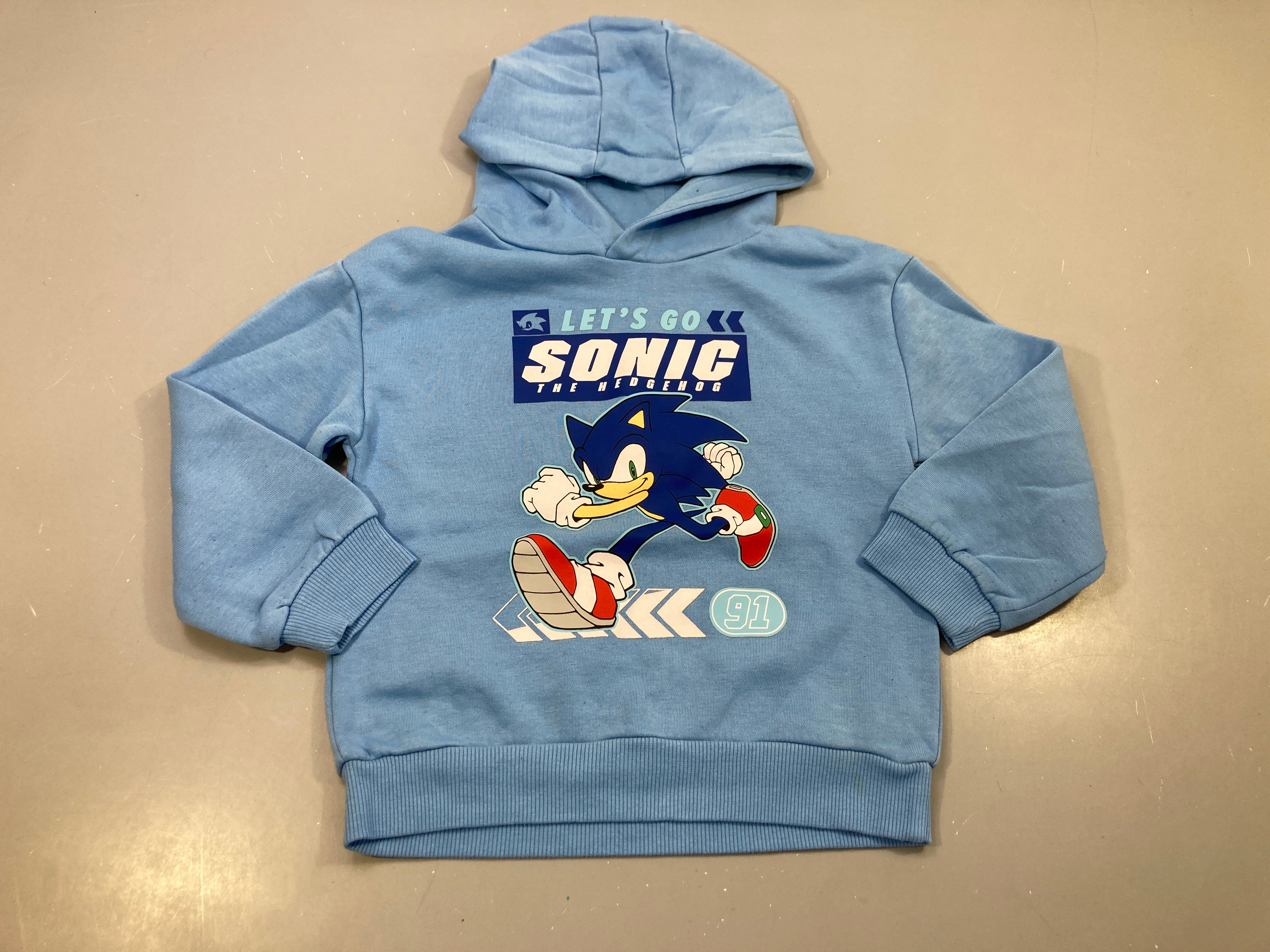 Sweat à capuche bleu ciel, hérisson Sonic, très légèrement bouloché