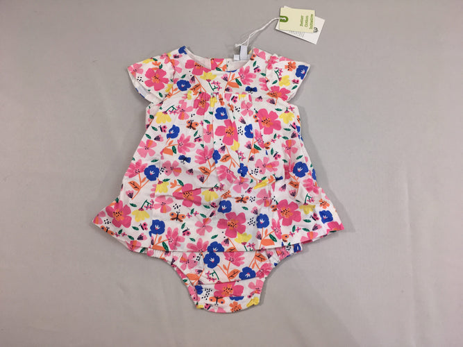 NEUF Robe m.c blanche fleurs + culotte, moins cher chez Petit Kiwi