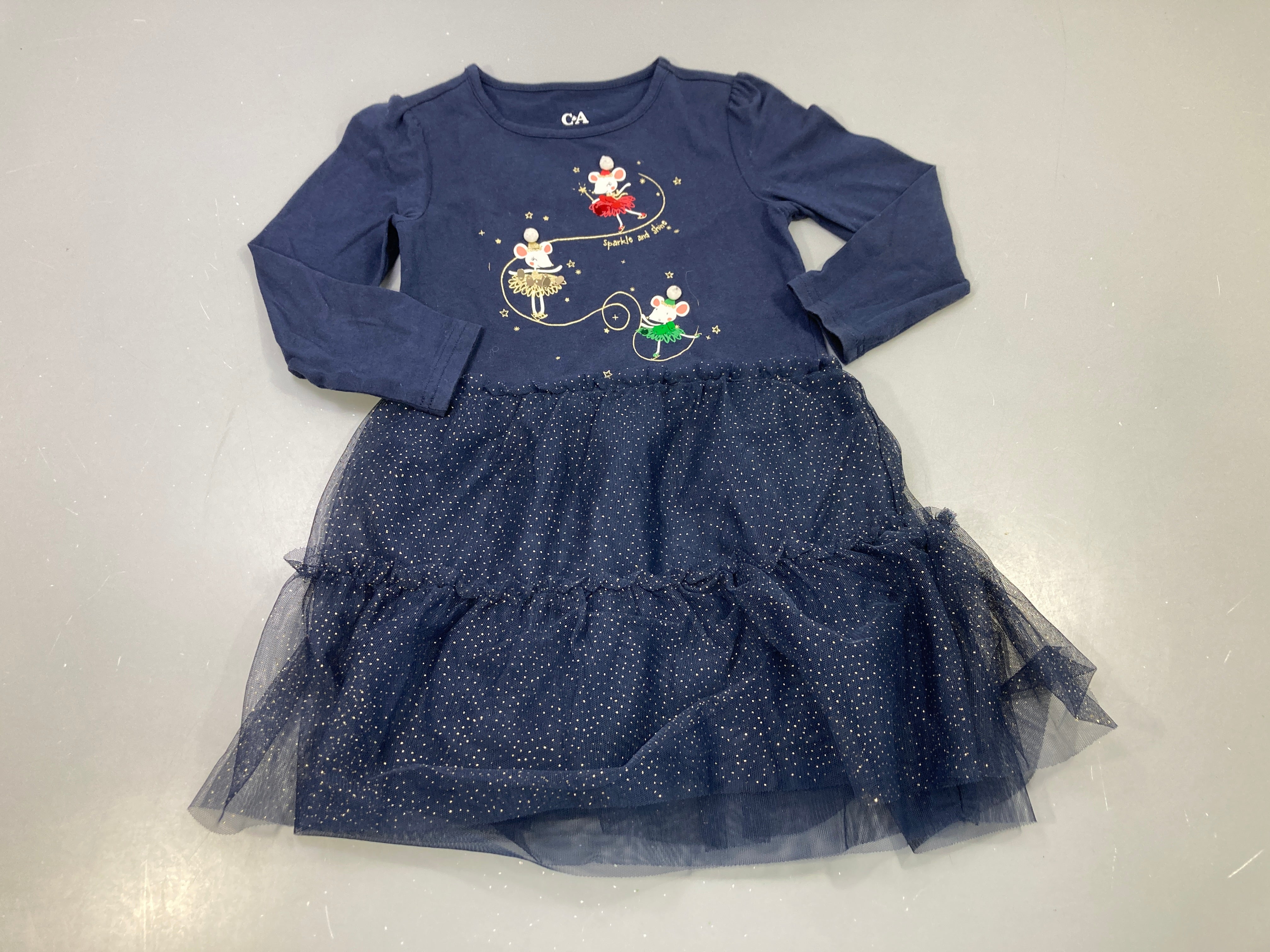 Robe m.l bleu marine , souris ballerines, dessous en tulle bleu marine pailleté doré