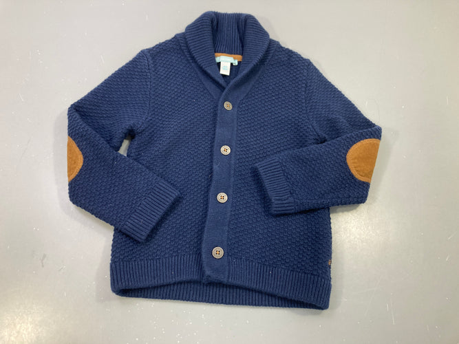 Gilet bleu marine texturé, col châle . Empiècements marrons aux coudes, moins cher chez Petit Kiwi