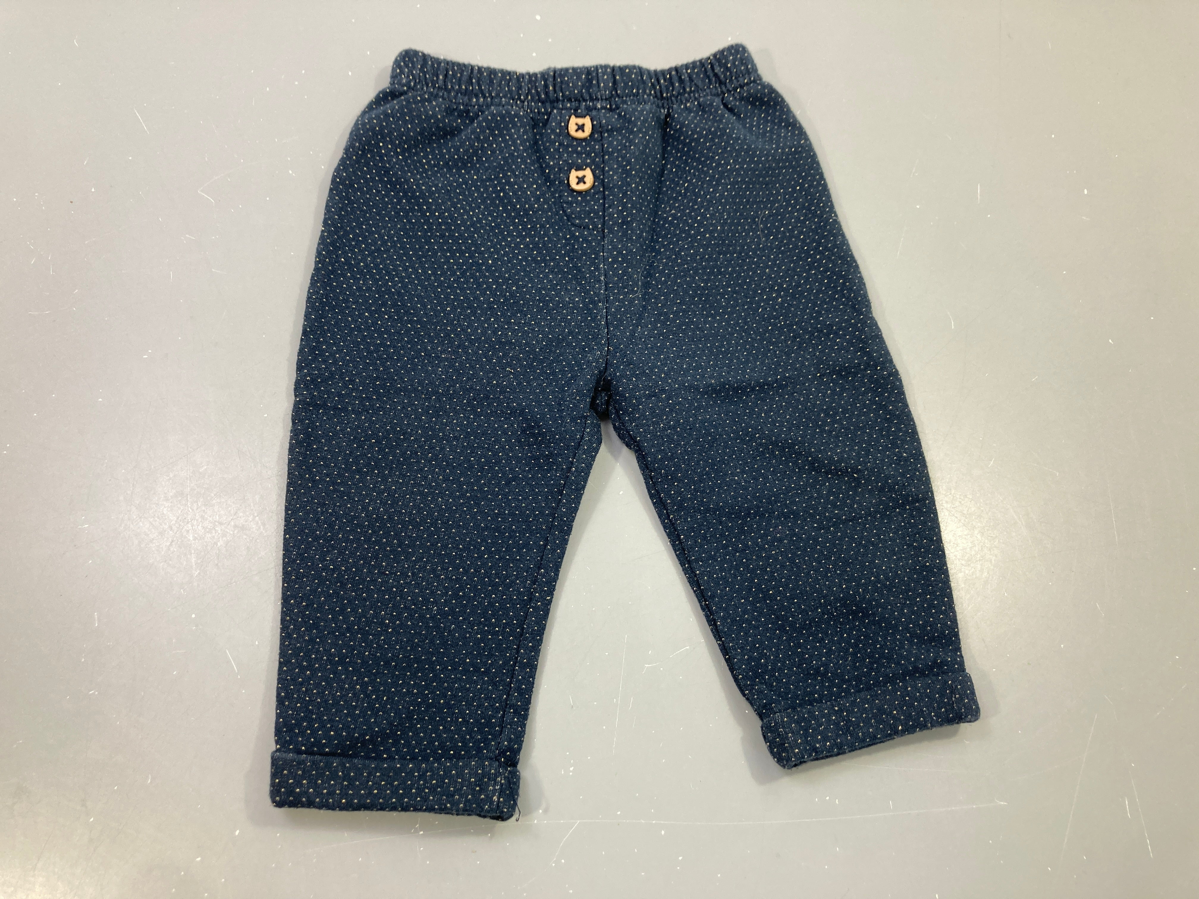 Pantalon molleton à revers bleu marine à pois dorés , 2 boutons têtes de chats. Creeks