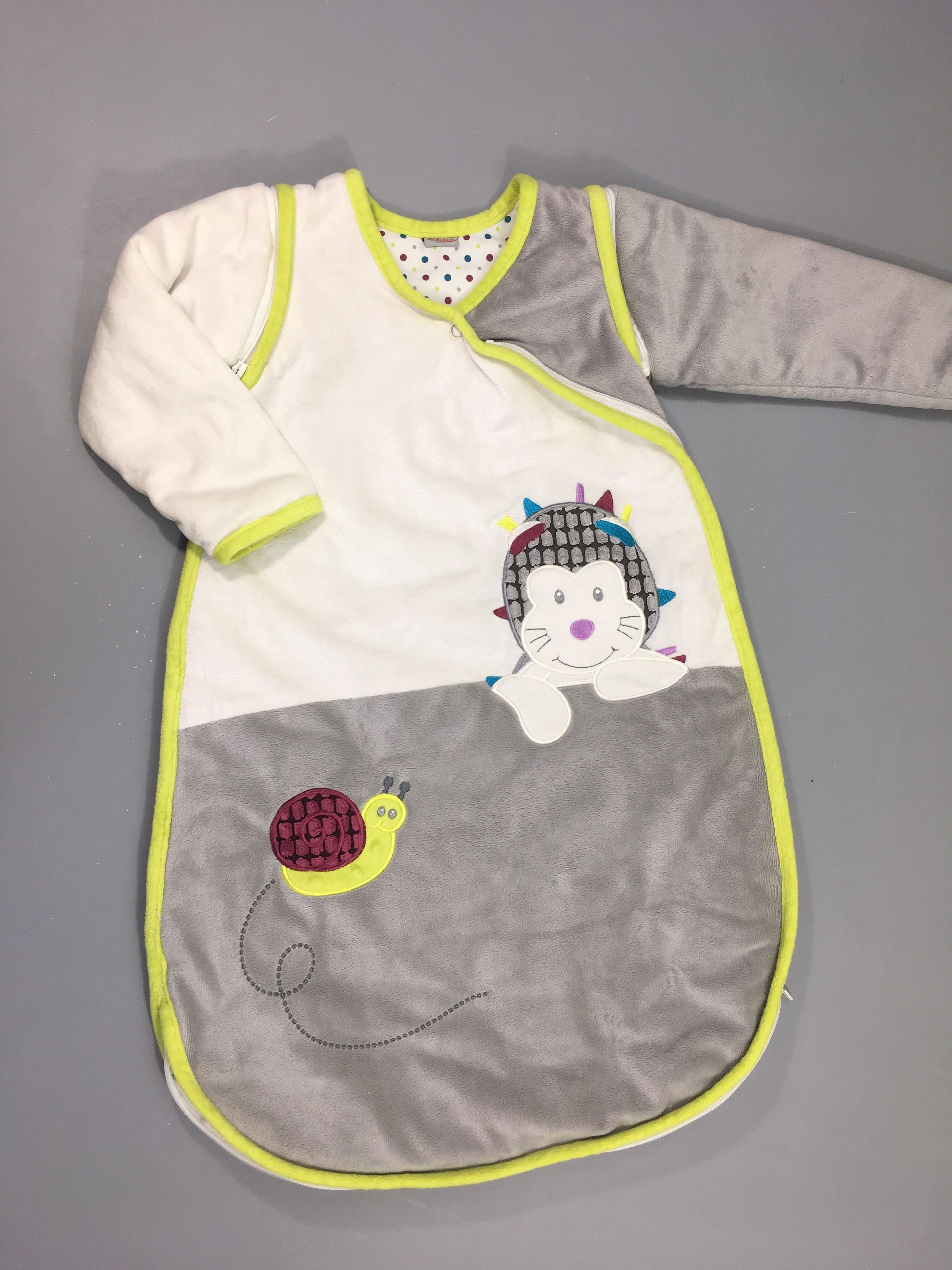 Sac de couchage velours blanc/gris/vert hérisson, manches amovibles