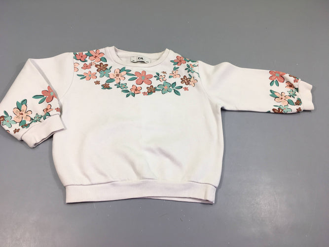 Sweat blanc fleurs au col et aux manches, légère tache, moins cher chez Petit Kiwi