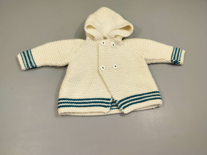 Gilet tricot blanc et bleu, pas de taille indiquée , estimée 18m, moins cher chez Petit Kiwi
