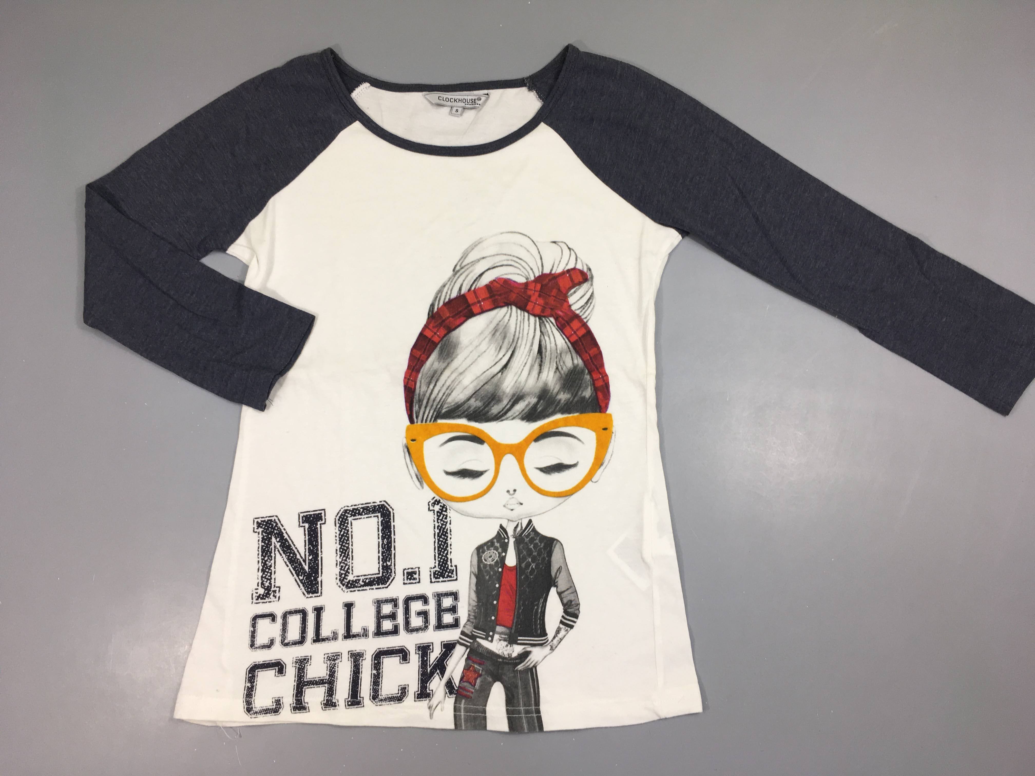 T-shirt m.l blanc/bleu fille bandeau, légèrement bouloché