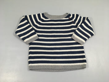 Pull rayé bleu marine-blanc -gris100% coton