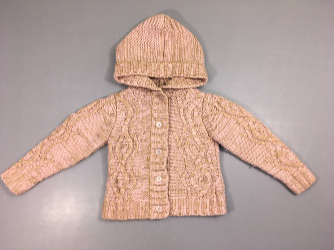 Gilet mailles rose fil doré à capuche, moins cher chez Petit Kiwi