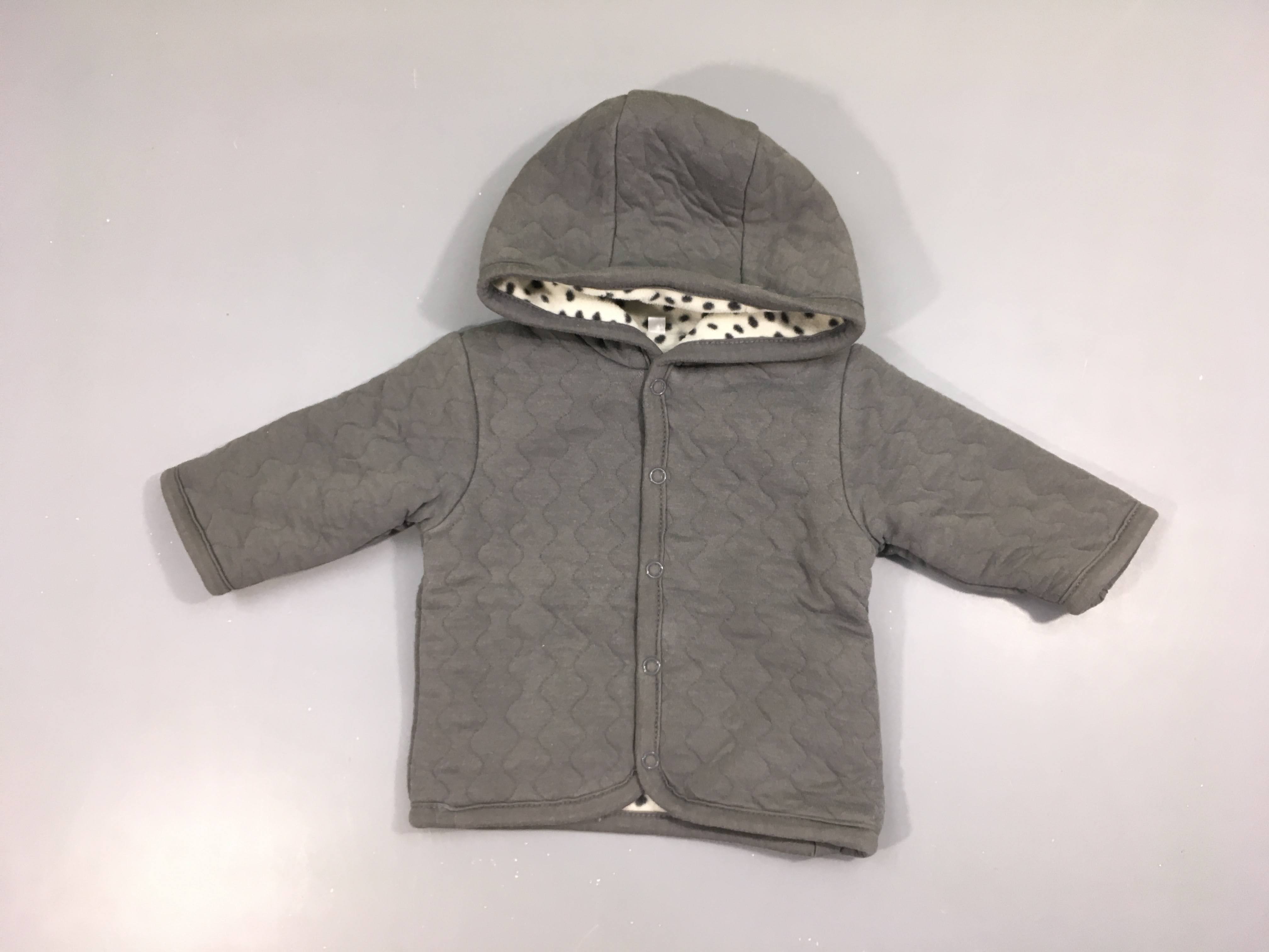 Gilet jersey gris matelassé à capuche doublé polar, légèrement bouloché