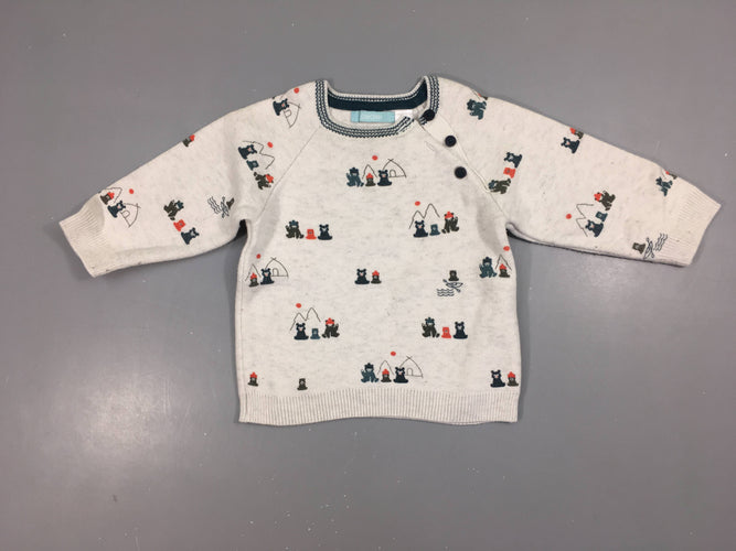 Pull blanc grisé ours boutons, légèrement bouloché, moins cher chez Petit Kiwi