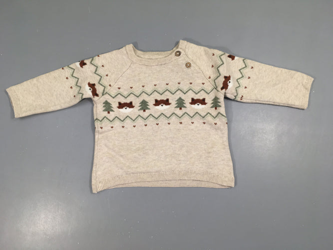 Pull beige motifs hiver renards, moins cher chez Petit Kiwi