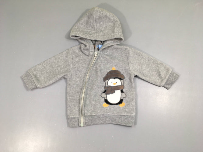 Polar zippé gris pingouin à capuche, moins cher chez Petit Kiwi