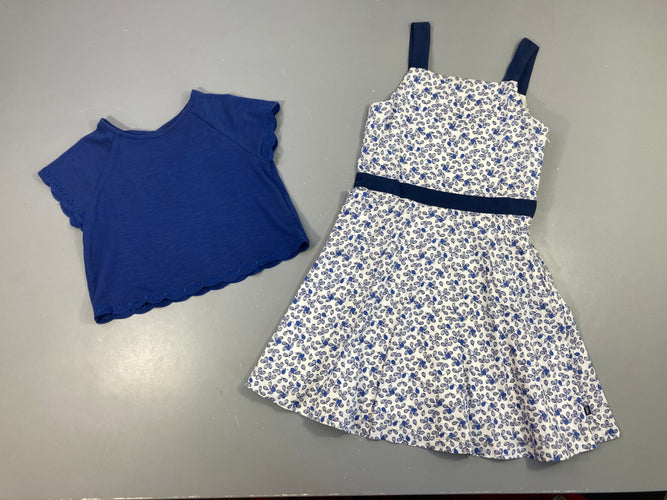 Robe s.m blanche fleurie bleue jaunie à l'avant + t-shirt m.c bleu ajouré sur les bords, moins cher chez Petit Kiwi