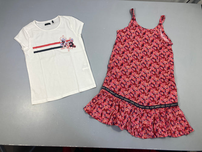 Robe fines bretelles rouge fleurie + T-shirt m.c blanc, moins cher chez Petit Kiwi