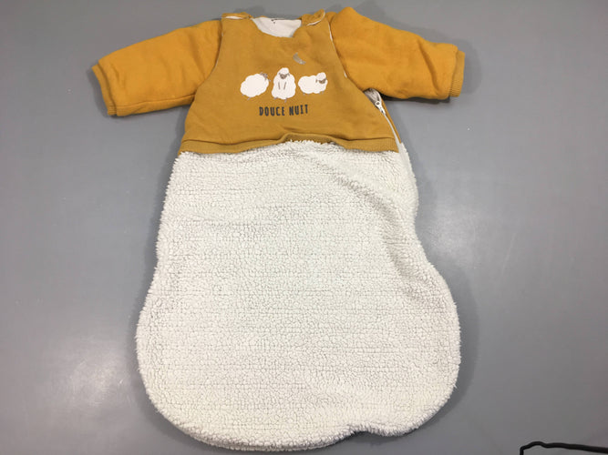 Sac de couchage manches amovibles jaune moutarde, teddy blanc moutons légèrement bouloché, 0-6m, moins cher chez Petit Kiwi
