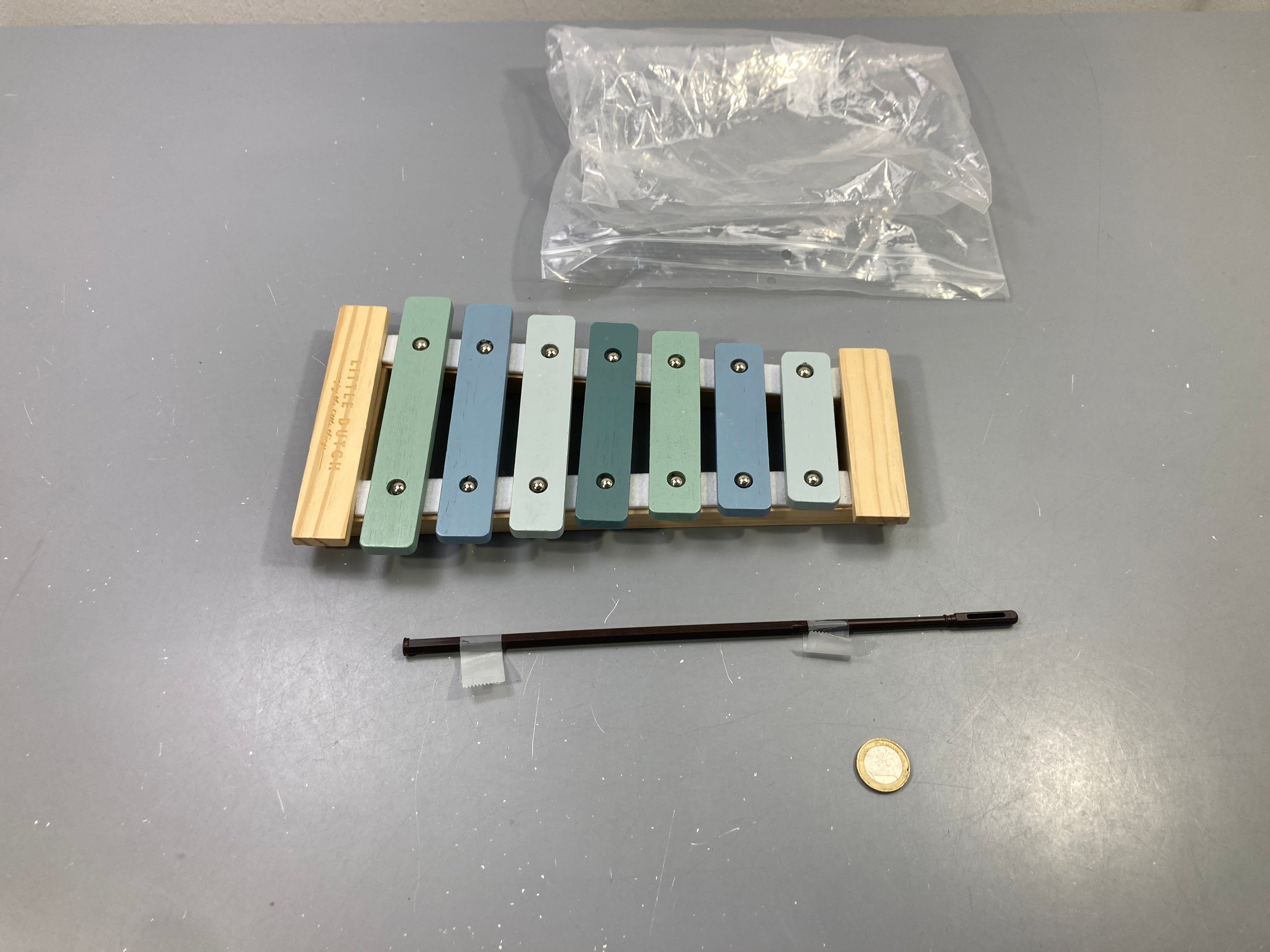 Xylophone en bois 7 lames, bleu vert pastel, avec baguette, Little Dutch