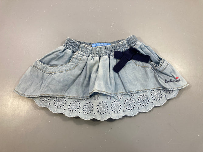 Jupe denim volants ajouré noeud, moins cher chez Petit Kiwi