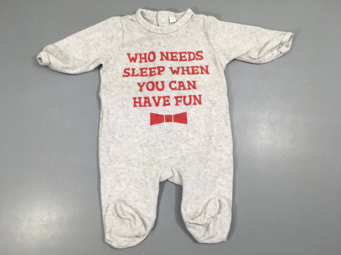Pyjama velours gris clair who needs sleep, moins cher chez Petit Kiwi