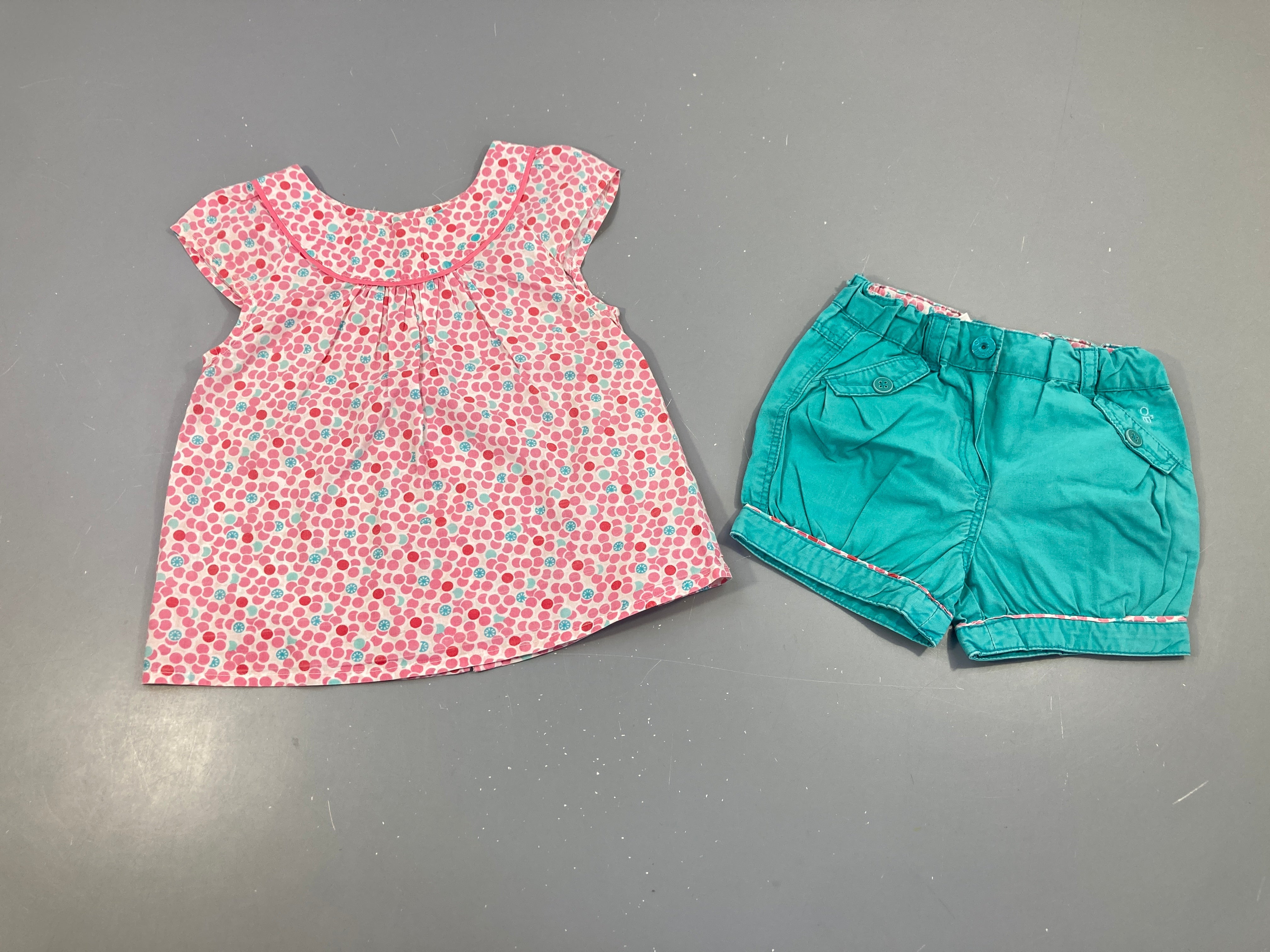 Blouse m.c pois rose/bleu + short turquoise