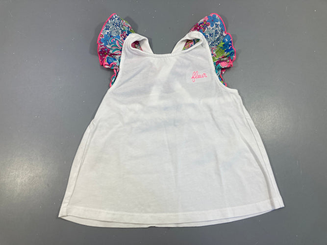 T-shirt s.m blanc fleur, froufrous liberty croisé dans le dos, moins cher chez Petit Kiwi