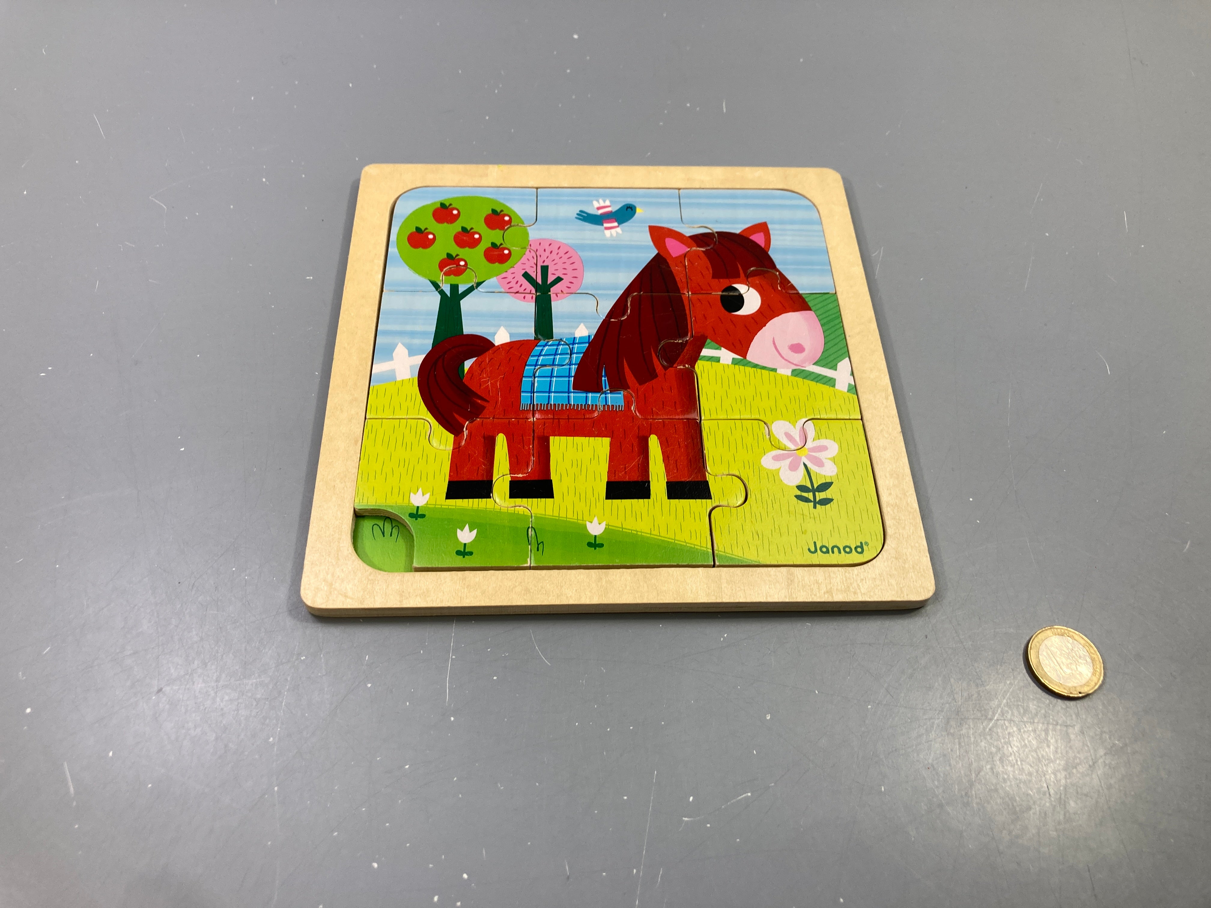 Puzzle en bois 9 pcs cheval à la ferme, Janod